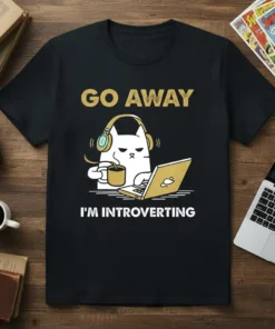 Black t-shirt with "GO AWAY I'M INTROVERTING" text and a white cat wearing headphones and holding coffee, working on a