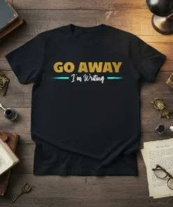 Black t-shirt with "GO AWAY I'm Writing" text in gold and white script font, ideal for writers and authors