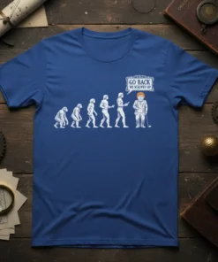 Evolution of man to golfer design with "Go Back We Screwed Up" text bubble, white line art on blue t-shirt