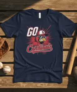 GO Cardinals baseball fan t-shirt featuring a cool bird mascot wearing sunglasses and a cap