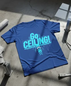 Blue t-shirt with "Go CEILING!" text and circuit board design, featuring an upward arrow