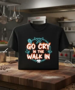Black t-shirt with "Go Cry In The Walk In" in neon orange and blue text, surrounded by kitchen knives and