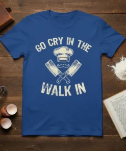 Go Cry In The Walk In text with chef hat, mustache, and crossed cleavers graphic on blue t-shirt