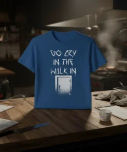Go Cry In The Walk In humorous quote t-shirt design with a graphic of a walk-in cooler door
