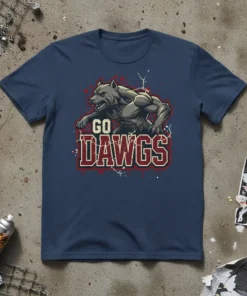 Go Dawgs t-shirt design with a muscular bulldog illustration and distressed typography, featuring red and white accents