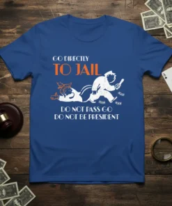 Blue t-shirt with white and orange text reading "GO DIRECTLY TO JAIL DO NOT PASS GO DO NOT BE PRESIDENT"