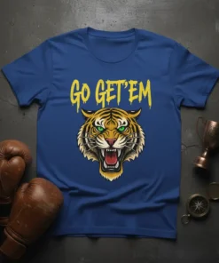 Go Get'Em tiger graphic t-shirt with motivational slogan and fierce tiger illustration