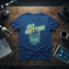 Go Getter text design with upward arrow and gear graphic on a blue t-shirt