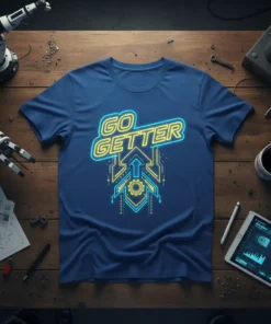 Go Getter text design with upward arrow and gear graphic on a blue t-shirt