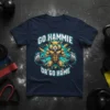 Go Hammie Or Go Home T-Shirt featuring a muscular hamster lifting weights with electric blue accents and bold white text