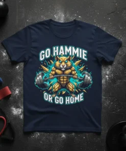 Go Hammie Or Go Home T-Shirt featuring a muscular hamster lifting weights with electric blue accents and bold white text