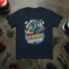 Go Kart Legend racing t-shirt design featuring a driver in a kart with a checkered flag and laurel wreath