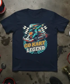 Go Kart Legend racing t-shirt design featuring a driver in a kart with a checkered flag and laurel wreath