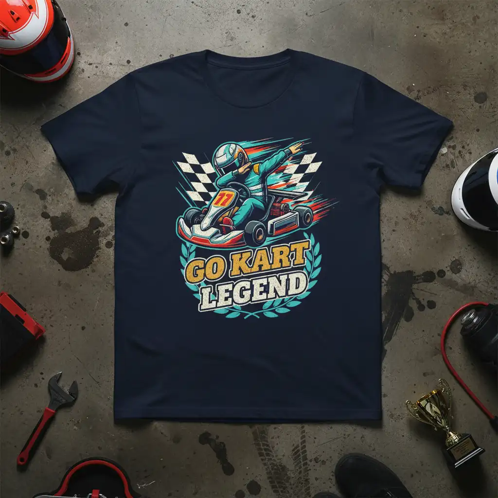 Go Kart Legend design on a t-shirt, featuring a driver in a race kart with checkered flag and laurel wreath