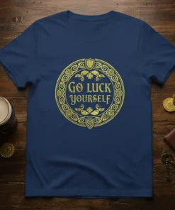 Go Luck Yourself text in a circular Celtic knot design on a navy blue t-shirt