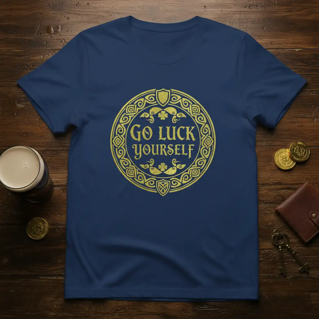Go Luck Yourself phrase in gold metallic font surrounded by intricate Celtic knotwork on a navy blue t-shirt