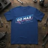 Go Max racing car graphic with bold text, printed on a navy blue t-shirt