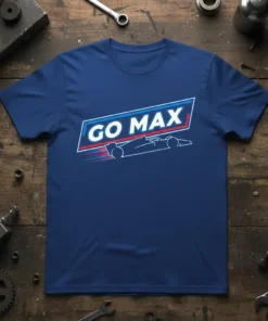 Go Max racing car graphic with bold text, printed on a navy blue t-shirt