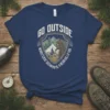 Navy blue t-shirt with "GO OUTSIDE WORST CASE SCENARIO, A BEAR KILLS YOU" text and a camping scene with a