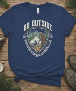 Navy blue t-shirt with "GO OUTSIDE WORST CASE SCENARIO, A BEAR KILLS YOU" text and a camping scene with a