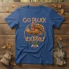 Funny turkey giving the middle finger with "Go Pluck Yourself" text on a blue t-shirt