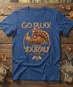 Funny turkey giving the middle finger with "Go Pluck Yourself" text on a blue t-shirt