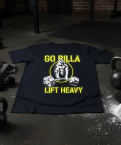 Go Rilla Lift Heavy T-Shirt featuring a muscular gorilla lifting weights, designed for gym and fitness enthusiasts