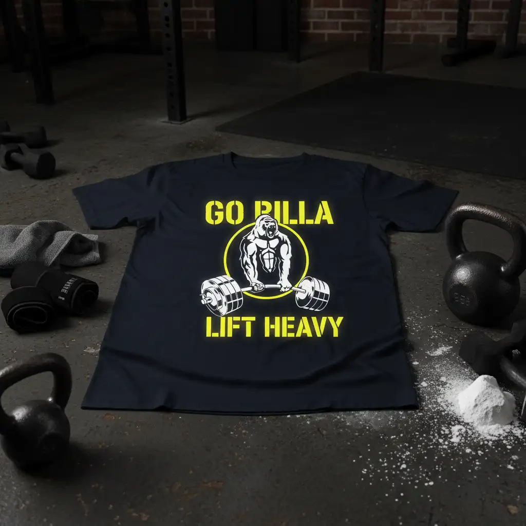 Go Rilla Lift Heavy T-shirt design with a muscular gorilla lifting weights, motivational gym apparel