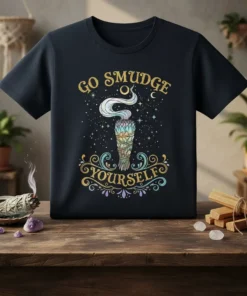 Go Smudge Yourself quote with sage smudge stick graphic on a dark t-shirt, featuring stars and decorative swirls