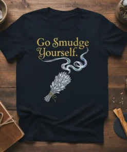 Go Smudge Yourself. text with a detailed sage smudge stick illustration and colorful smoke on a black t-shirt