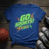 Blue t-shirt with "GO SPORTS!" text in bright green and orange lightning bolt graphics