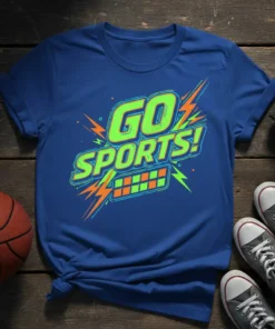 Blue t-shirt with "GO SPORTS!" text in bright green and orange lightning bolt graphics