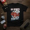 Black t-shirt with a cartoon football flexing muscles and text that says "GO SPORTS MOVE THE THING TO OTHER THING!"