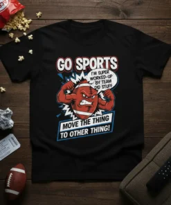 Black t-shirt with a cartoon football flexing muscles and text that says "GO SPORTS MOVE THE THING TO OTHER THING!"