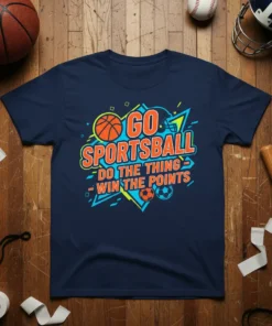GO SPORTSBALL DO THE THING WIN THE POINTS text with basketball, football, and helmet graphics on a navy t-shirt