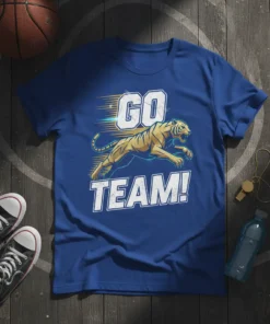 GO TEAM! text with a running tiger graphic on a royal blue t-shirt, perfect for sports enthusiasts