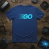 Navy blue t-shirt with bright blue "GO" text and digital circuit board graphic