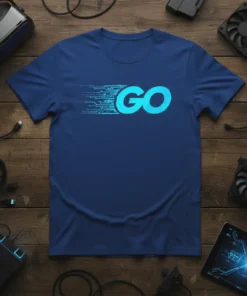 Navy blue t-shirt with bright blue "GO" text and digital circuit board graphic
