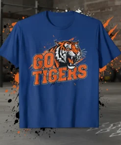 Go Tigers t-shirt design with a roaring tiger graphic and distressed orange lettering