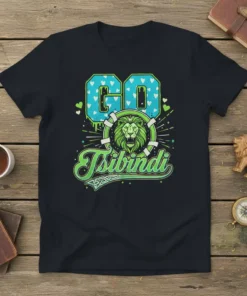 Go Tsibindi graphic t-shirt featuring a roaring lion head emblem and blue hearts pattern