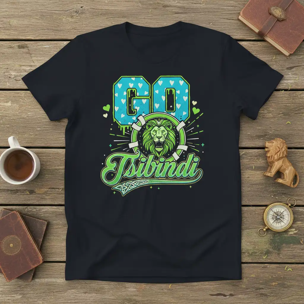 Go Tsibindi graphic t-shirt design with roaring lion emblem and blue hearts pattern