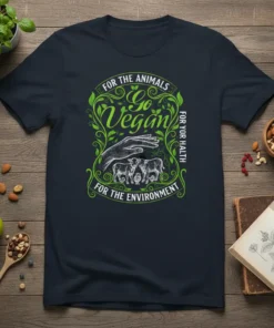 Go Vegan For The Animals For The Environment For Yor Halth text with illustration of cows and protective hand on