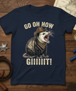 Go On Now GIIIIIIIT! text with a cowboy opossum graphic, featuring western bandana and hat
