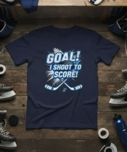 GOAL! I SHOOT TO SCORE! text with hockey puck and crossed sticks graphic on navy t-shirt