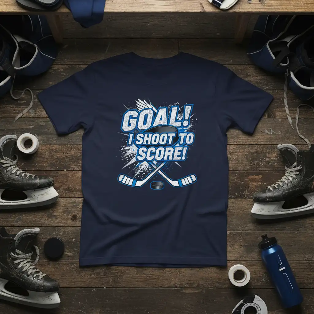 GOAL! I SHOOT TO SCORE! sports quote with hockey graphics on a navy blue t-shirt
