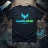Black t-shirt with "GoalsMy HERO AND my ROCK!" text in neon blue and green, featuring a phoenix graphic and circuit