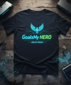 Black t-shirt with "GoalsMy HERO AND my ROCK!" text in neon blue and green, featuring a phoenix graphic and circuit