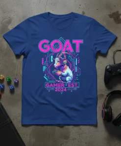 GOAT GAMER EST. 2024 t-shirt design featuring a goat wearing headphones playing a video game