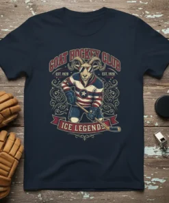 Goat Hockey Club Ice Legends T-Shirt with vintage goat mascot in hockey gear, est. 1928