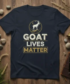 Navy blue t-shirt featuring the phrase "GOAT LIVES MATTER" with a graphic of a goat on a mountain under a